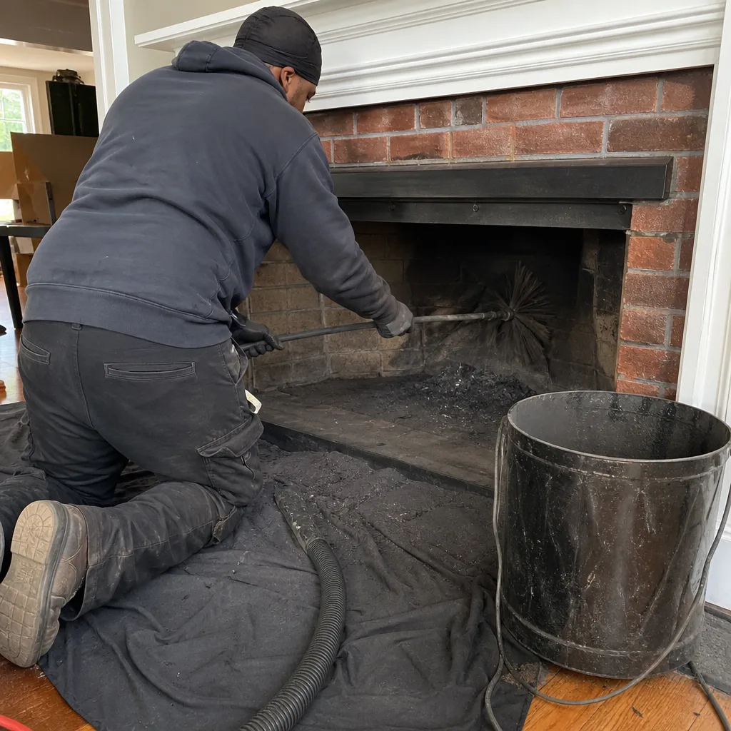 Professional chimney sweep cleaning a brick fireplace with a chimney brush